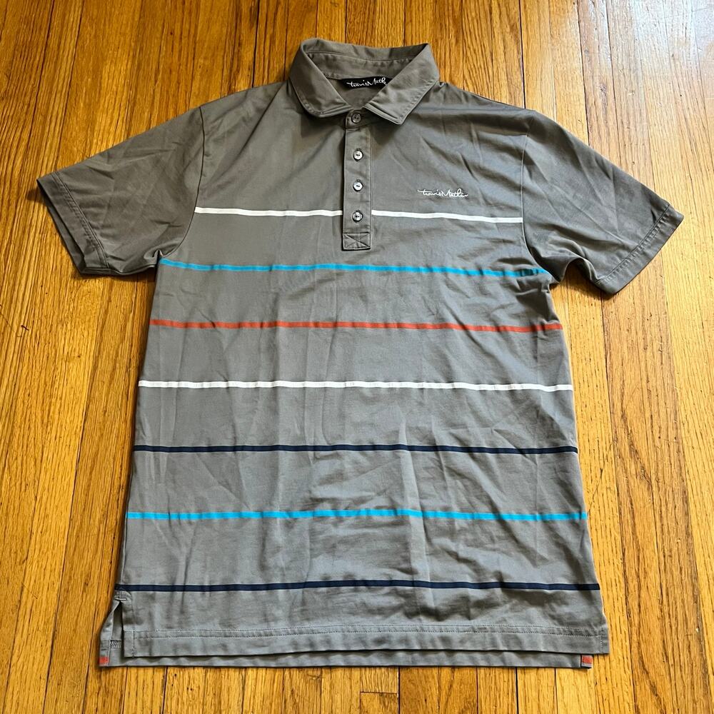 Travis Mathew Polo Shirt Mens Small Gray Striped Pima Cotton Blend Golf